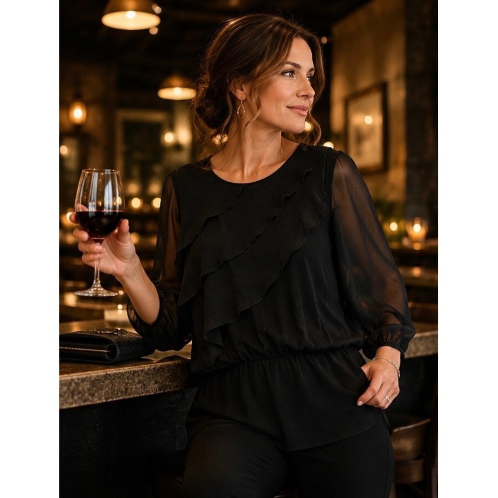 Chico's Black Top‎ Sheer Sleeve Ruffle Blouse Layered Chiffon Large (2)
